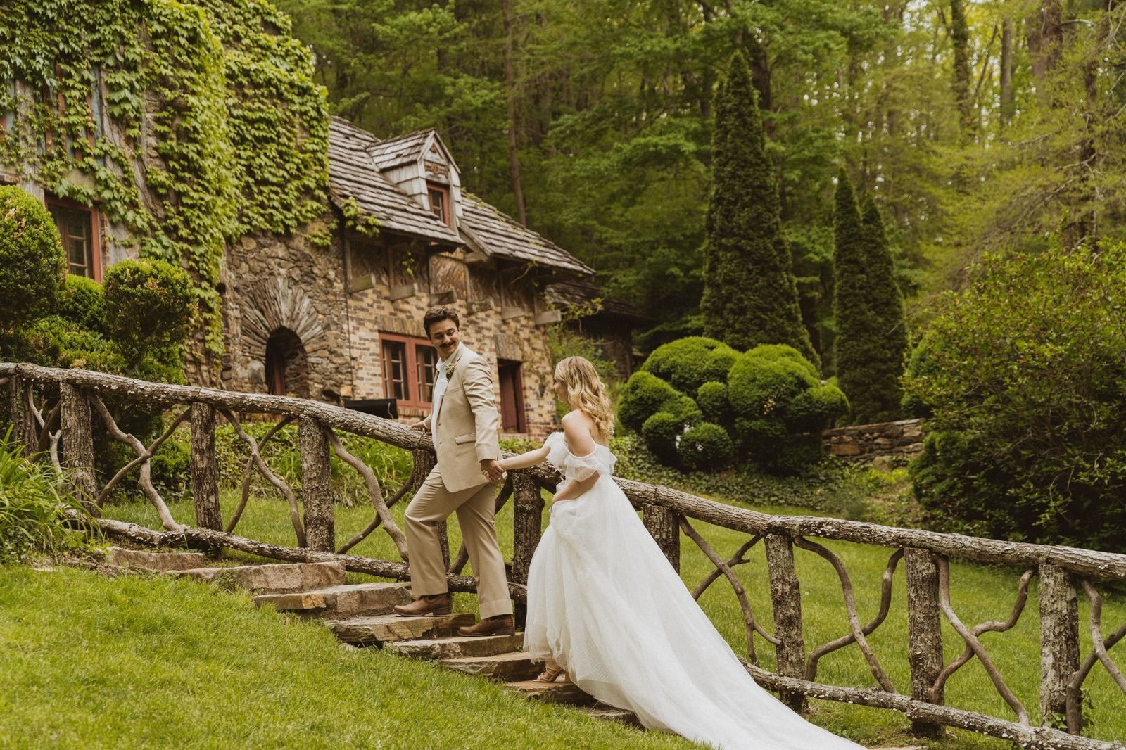 Bride and groom at a romantic stone venue